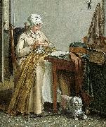 Wybrand Hendriks Interior with sewing woman. oil